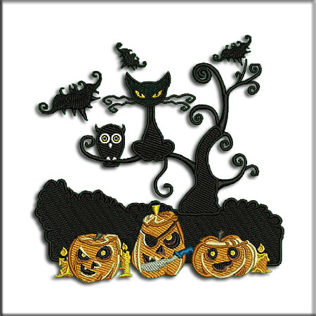 Halloween Tree with Black Cat Embroidery Designs shop.nkemb.com